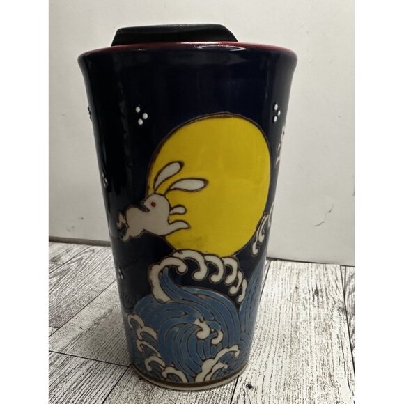 6" Tall Ceramic Travel Mug "Bunny Wave" 16 Oz. Bunnies Jumping over the Moon NEW - Picture 2 of 10